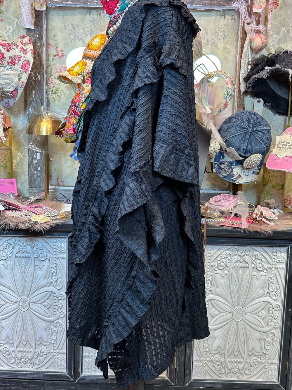 Blue Velvet Ruffle Poncho Top-Black - Picture 3 of 10